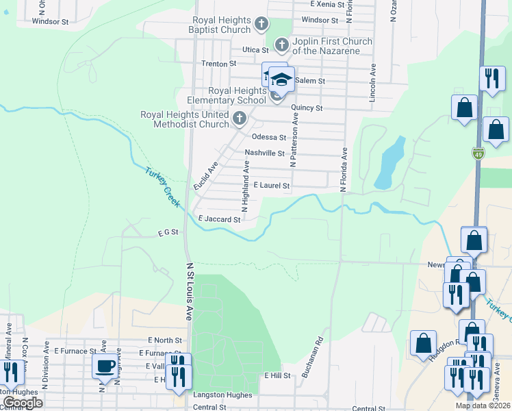 map of restaurants, bars, coffee shops, grocery stores, and more near 1101 North Highland Avenue in Joplin
