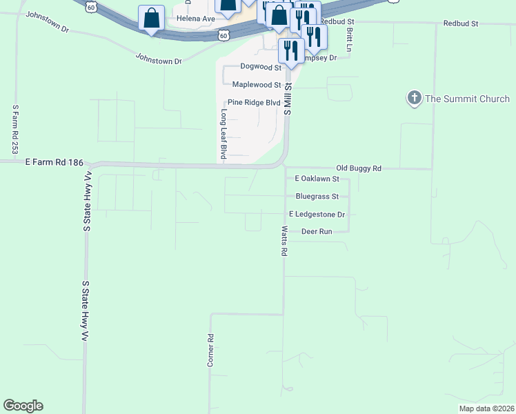 map of restaurants, bars, coffee shops, grocery stores, and more near 107 Ledgestone Drive in Rogersville