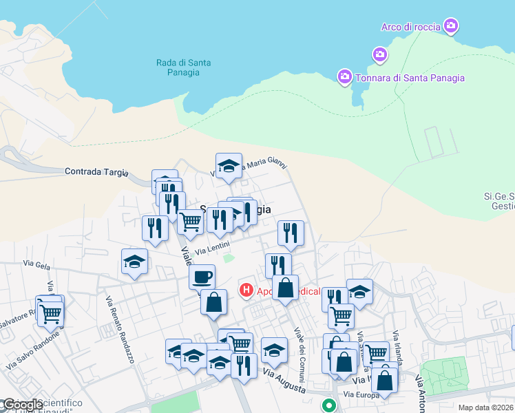 map of restaurants, bars, coffee shops, grocery stores, and more near 3 Via Pedagaggi in Siracusa