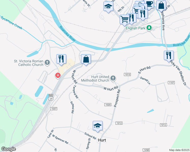map of restaurants, bars, coffee shops, grocery stores, and more near 101 Roark Street in Hurt