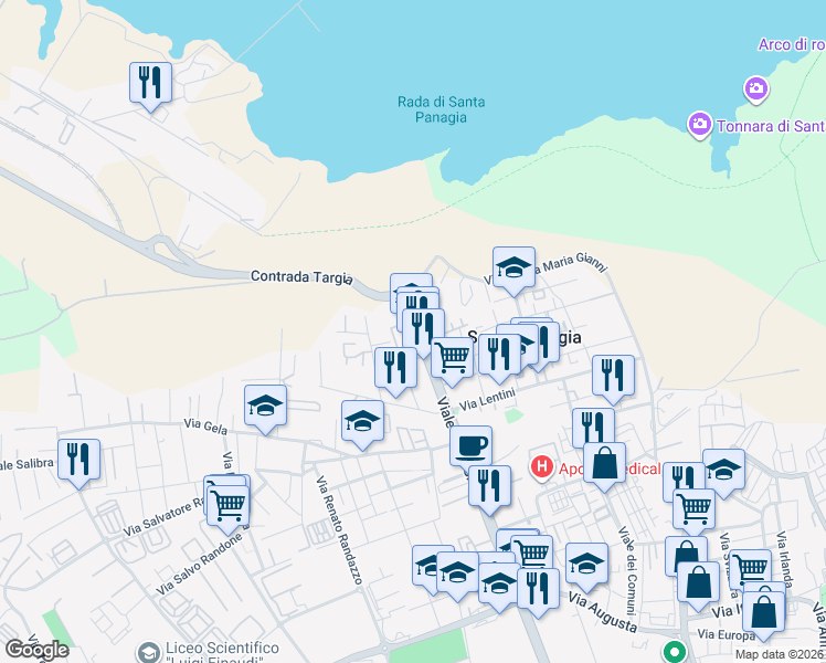 map of restaurants, bars, coffee shops, grocery stores, and more near 453 Viale Scala Greca in Syracuse