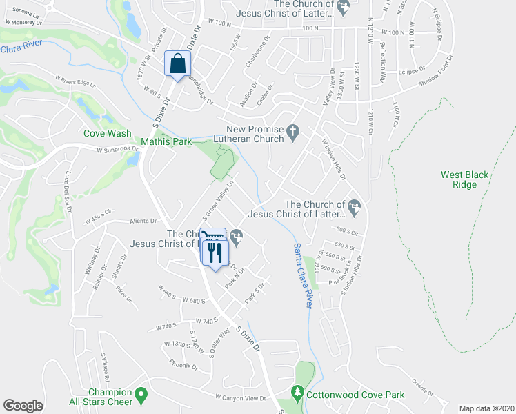 map of restaurants, bars, coffee shops, grocery stores, and more near 781 South Valley View Drive in St. George