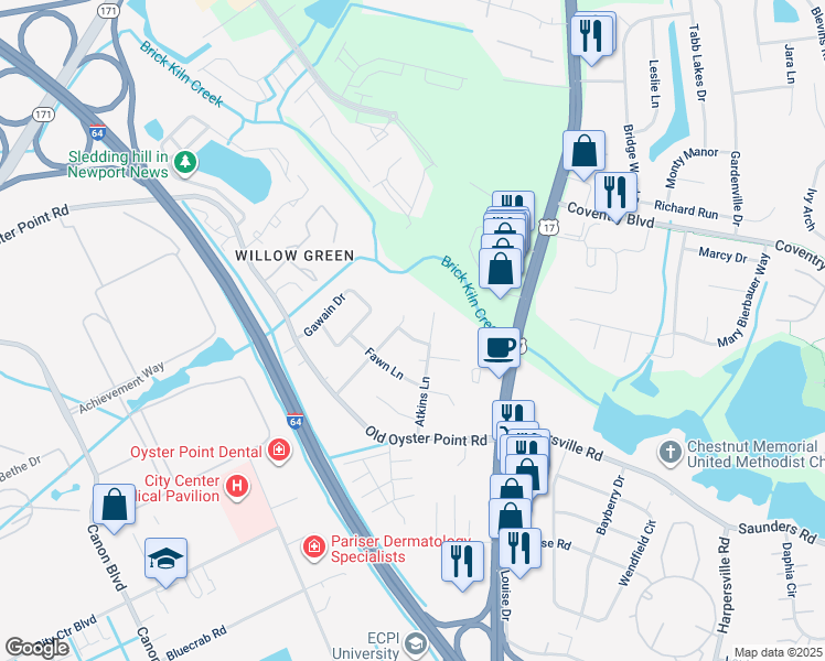 map of restaurants, bars, coffee shops, grocery stores, and more near 6 Doe Lane in Newport News