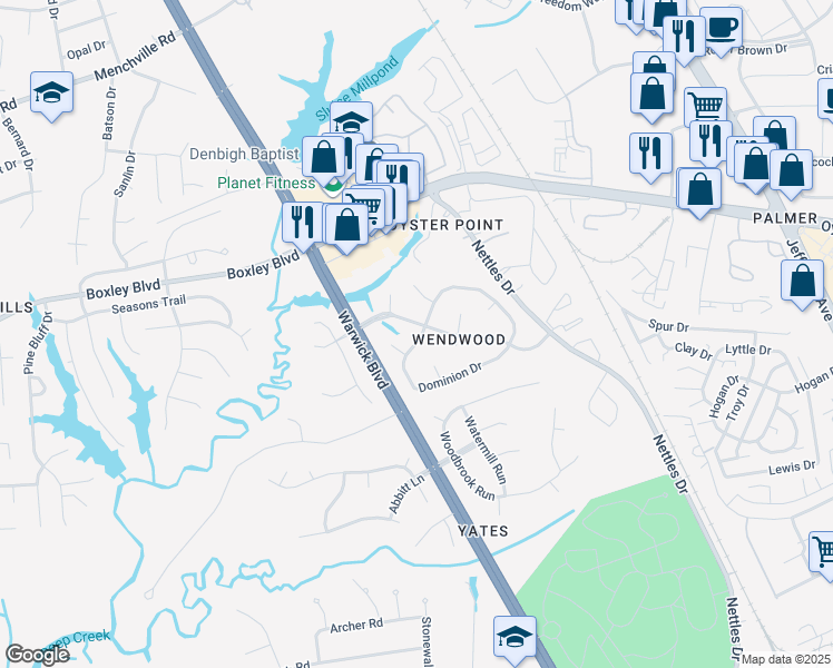 map of restaurants, bars, coffee shops, grocery stores, and more near 201 Dominion Drive in Newport News