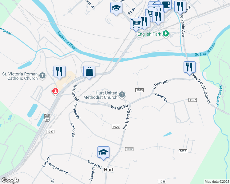 map of restaurants, bars, coffee shops, grocery stores, and more near 114 Riverview Road in Hurt
