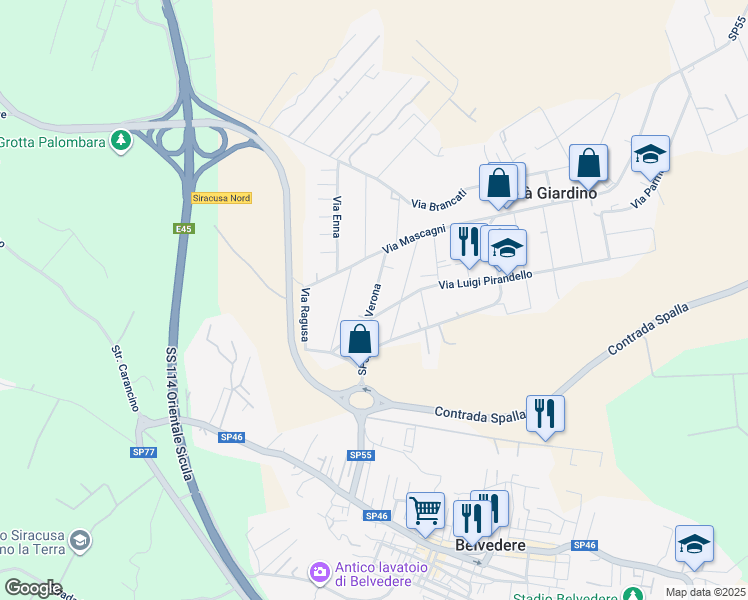 map of restaurants, bars, coffee shops, grocery stores, and more near 58 Via Luigi Pirandello in Città Giardino