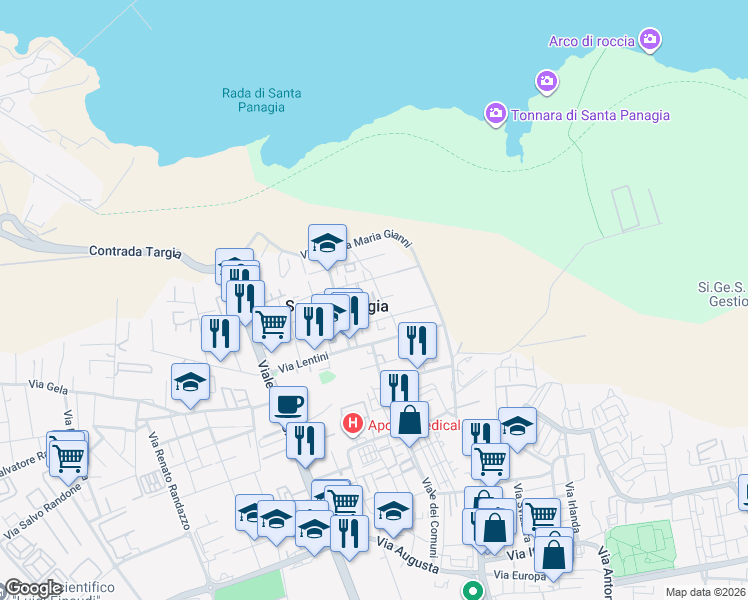 map of restaurants, bars, coffee shops, grocery stores, and more near 3 Via Pedagaggi in Siracusa