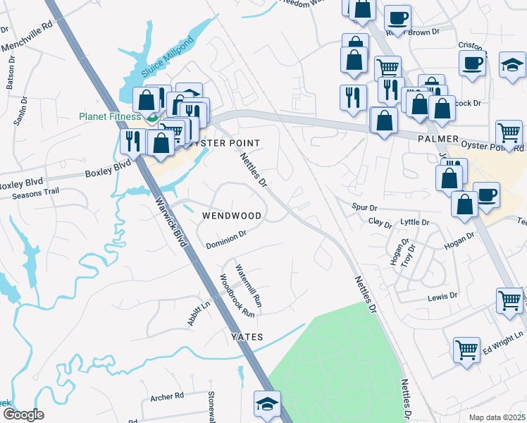 map of restaurants, bars, coffee shops, grocery stores, and more near 301 Dominion Drive in Newport News