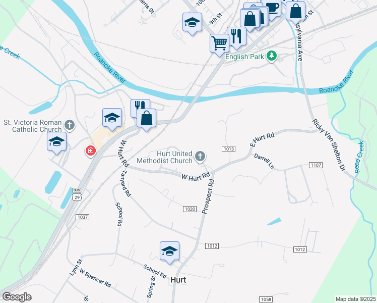 map of restaurants, bars, coffee shops, grocery stores, and more near 114 Riverview Road in Hurt