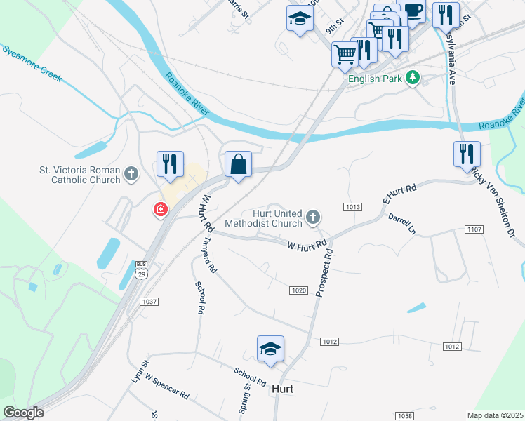 map of restaurants, bars, coffee shops, grocery stores, and more near 101 Roark Street in Hurt