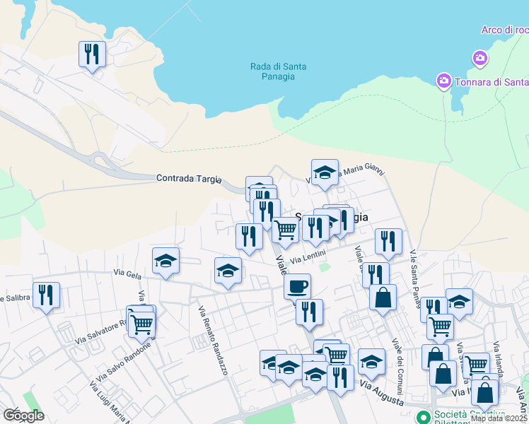 map of restaurants, bars, coffee shops, grocery stores, and more near 453 Viale Scala Greca in Siracusa