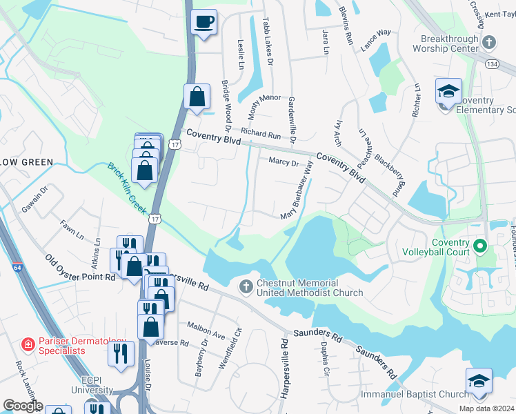 map of restaurants, bars, coffee shops, grocery stores, and more near 219 Kings Pointe Crossing in Yorktown