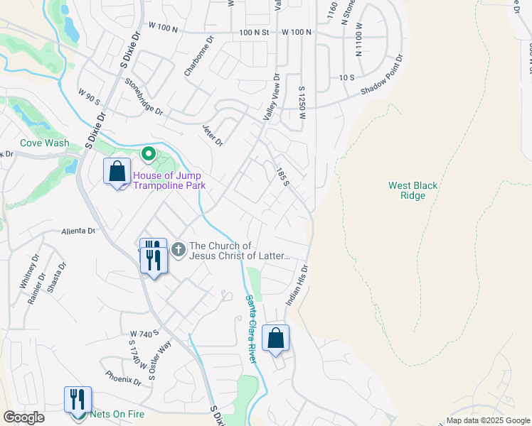 map of restaurants, bars, coffee shops, grocery stores, and more near 1301 West Indian Hills Drive in St. George