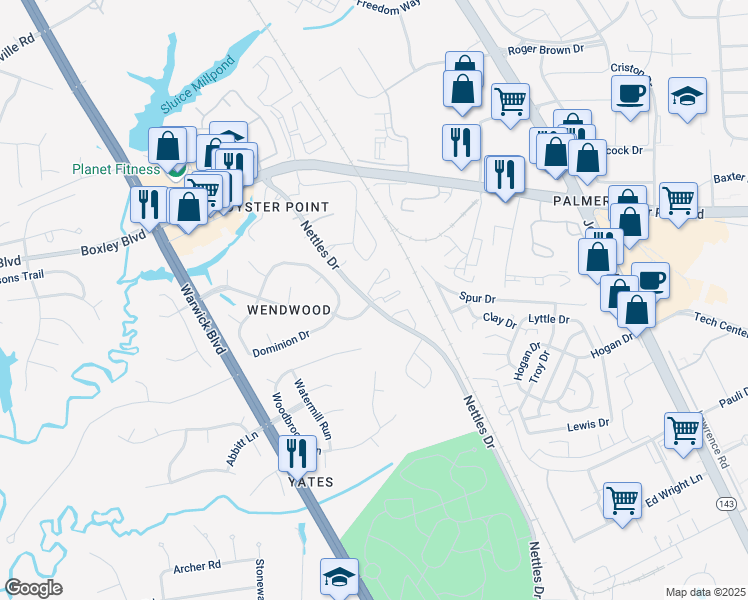 map of restaurants, bars, coffee shops, grocery stores, and more near 23454 Biltmore Court in Newport News