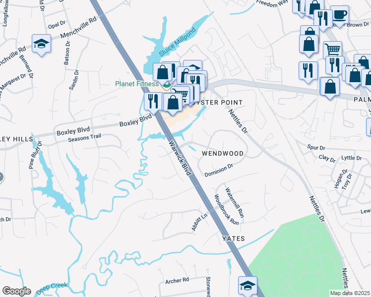 map of restaurants, bars, coffee shops, grocery stores, and more near 304 Wendwood Drive in Newport News