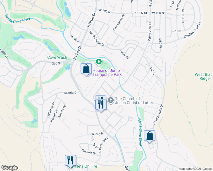 map of restaurants, bars, coffee shops, grocery stores, and more near 1627 West Rose Garden Lane in St. George