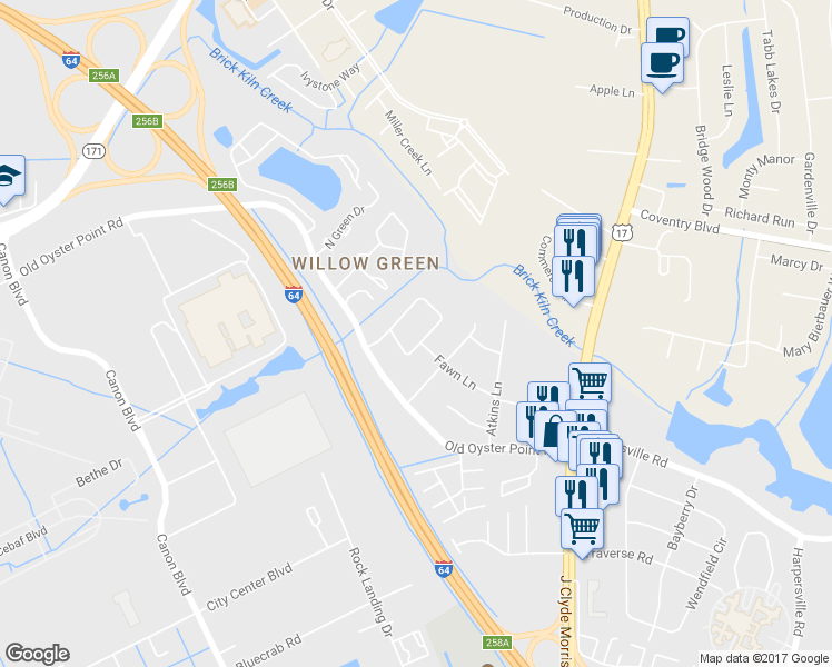 map of restaurants, bars, coffee shops, grocery stores, and more near 29 Camelot Court in Newport News