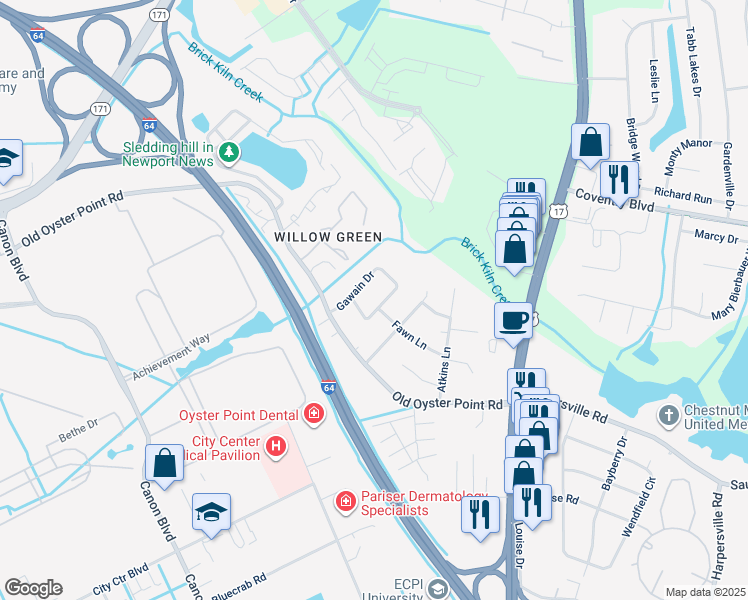 map of restaurants, bars, coffee shops, grocery stores, and more near 29 Camelot Court in Newport News