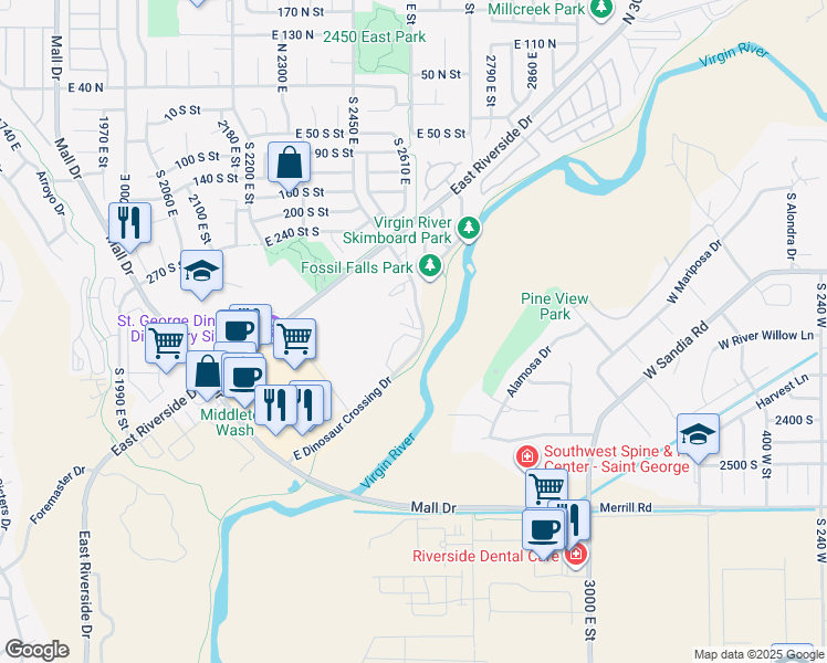 map of restaurants, bars, coffee shops, grocery stores, and more near 2271 East Dinosaur Crossing Drive in St. George