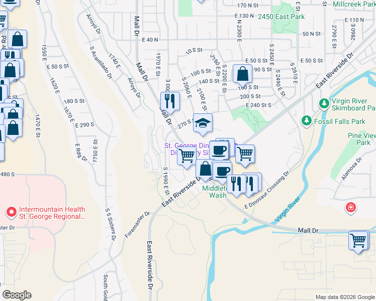 map of restaurants, bars, coffee shops, grocery stores, and more near 446 South Mall Drive in St. George