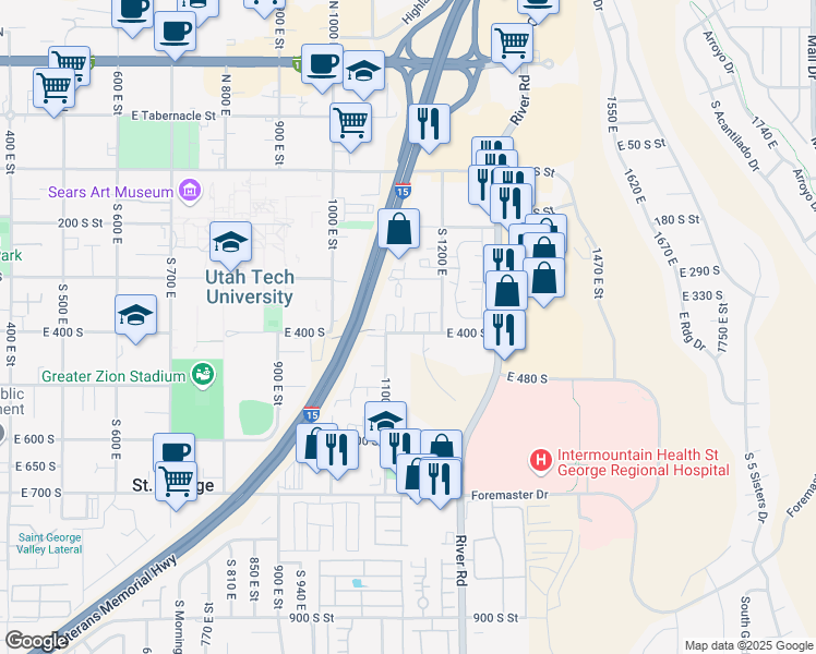 map of restaurants, bars, coffee shops, grocery stores, and more near 455 South 1100 East in St. George