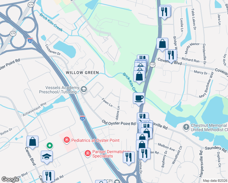 map of restaurants, bars, coffee shops, grocery stores, and more near 5 Doe Lane in Newport News