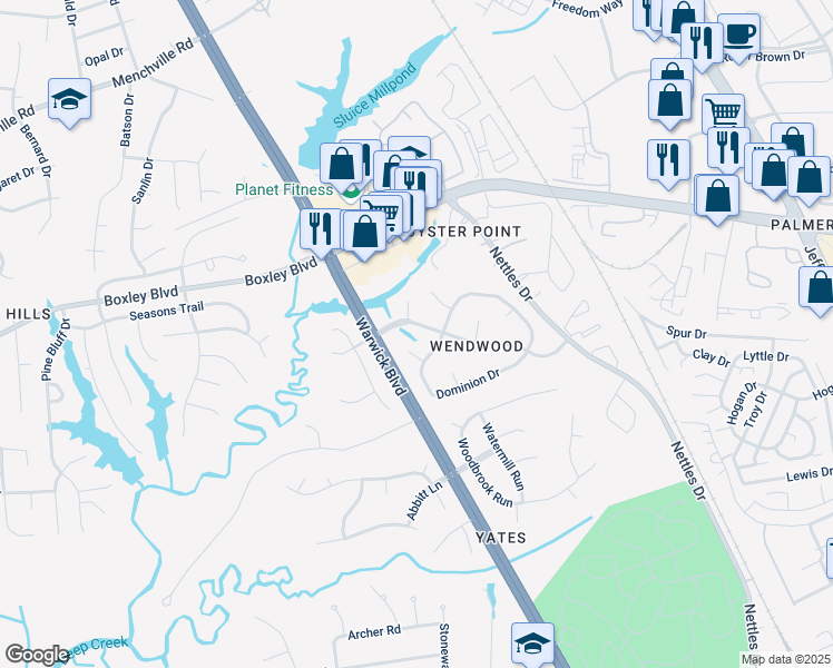 map of restaurants, bars, coffee shops, grocery stores, and more near 4 Yarmouth Circle in Newport News