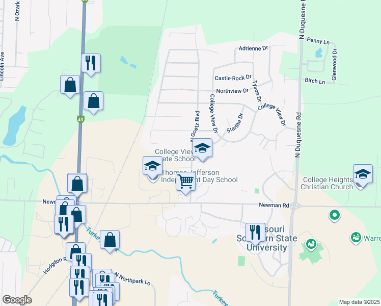 map of restaurants, bars, coffee shops, grocery stores, and more near 3522 East Laurel Street in Joplin