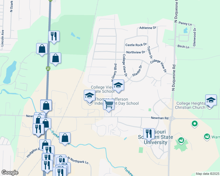 map of restaurants, bars, coffee shops, grocery stores, and more near 3522 East Laurel Street in Joplin