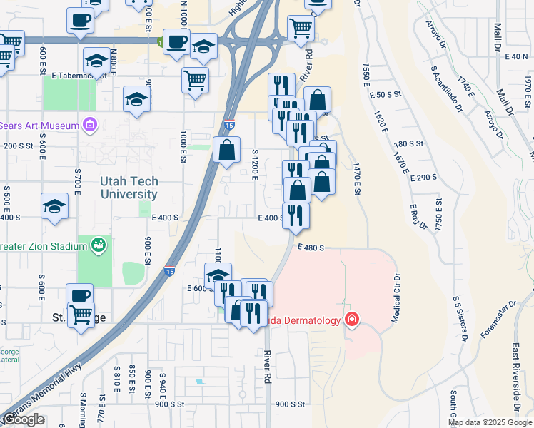 map of restaurants, bars, coffee shops, grocery stores, and more near 301 South 1200 East in St. George