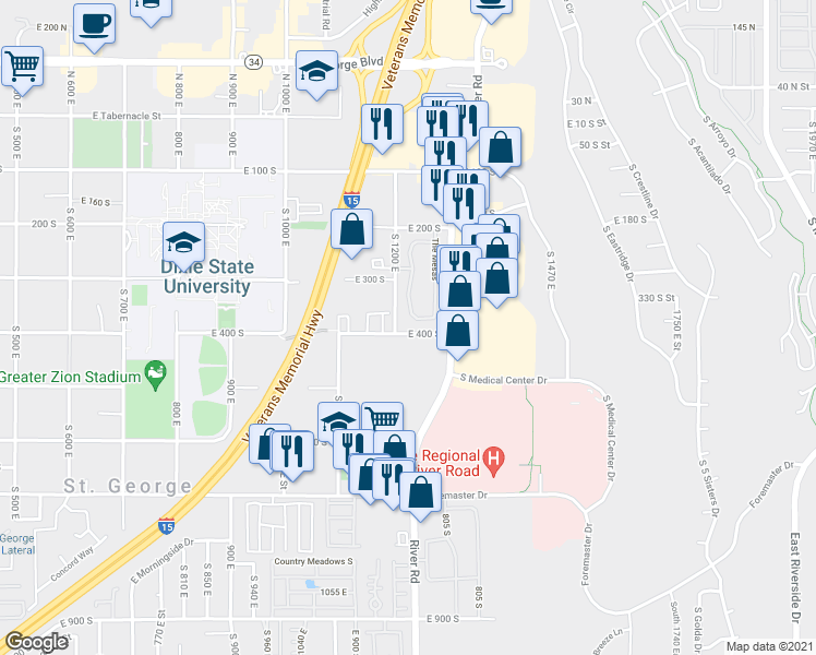map of restaurants, bars, coffee shops, grocery stores, and more near 301 South 1200 East in St. George