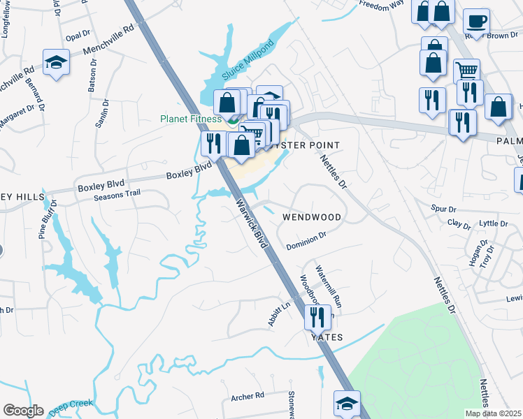 map of restaurants, bars, coffee shops, grocery stores, and more near 304 Wendwood Drive in Newport News