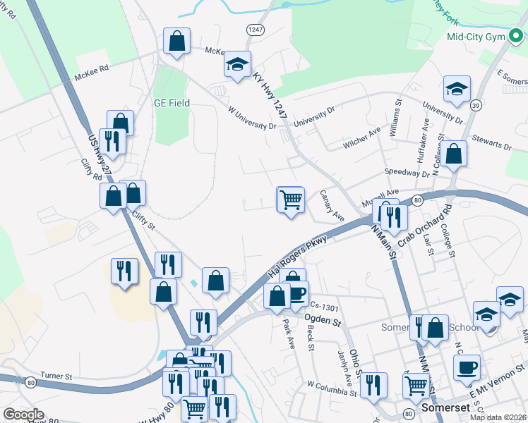 map of restaurants, bars, coffee shops, grocery stores, and more near 301-305 Robin Drive in Somerset