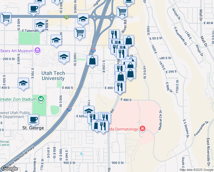 map of restaurants, bars, coffee shops, grocery stores, and more near 301 South 1200 East in St. George