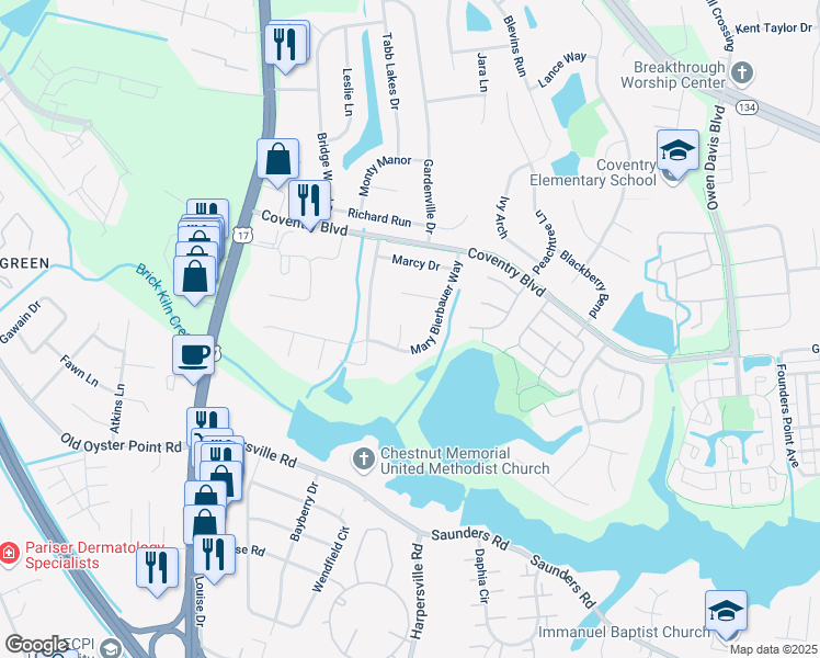 map of restaurants, bars, coffee shops, grocery stores, and more near 104 Paula Court in Yorktown