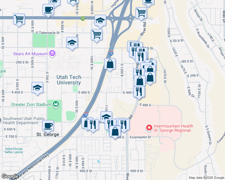 map of restaurants, bars, coffee shops, grocery stores, and more near 455 South 1100 East in St. George