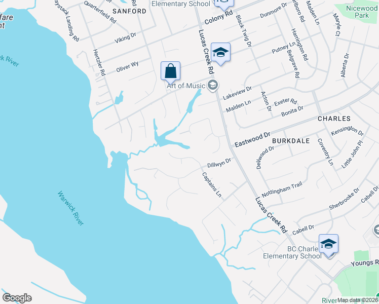 map of restaurants, bars, coffee shops, grocery stores, and more near 205 Captains Lane in Newport News