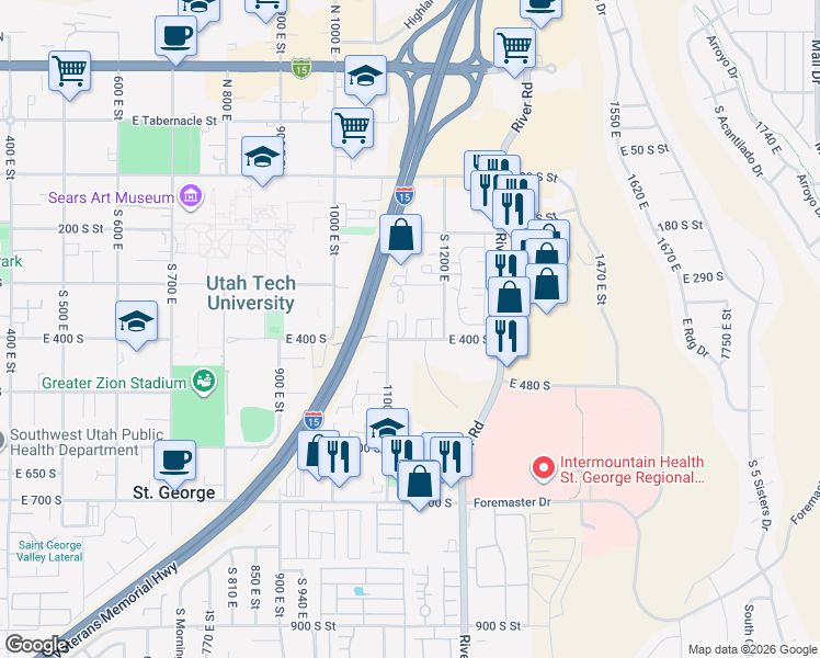 map of restaurants, bars, coffee shops, grocery stores, and more near 455 South 1100 East in St. George
