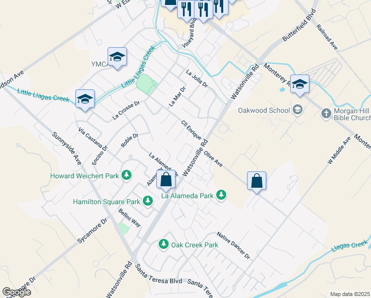 map of restaurants, bars, coffee shops, grocery stores, and more near 507 Vía Sorrento in Morgan Hill
