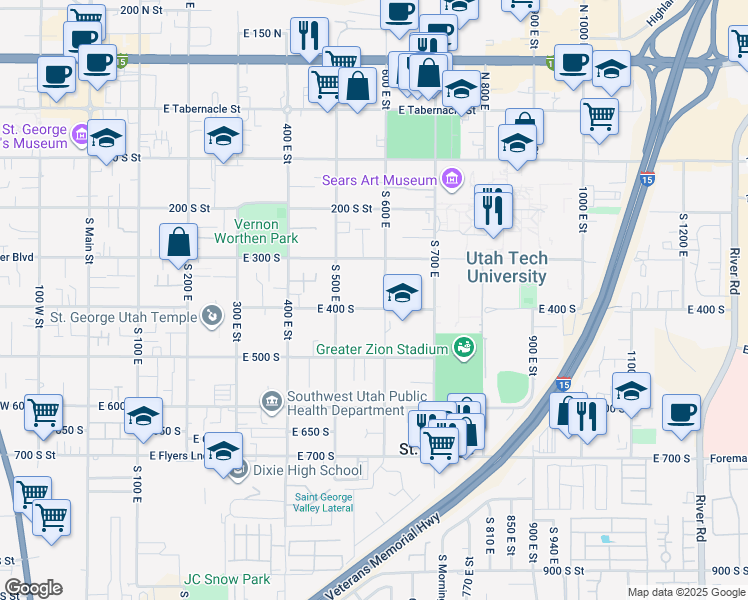 map of restaurants, bars, coffee shops, grocery stores, and more near 581 East 400 South in St. George
