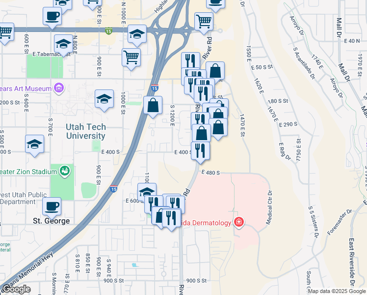 map of restaurants, bars, coffee shops, grocery stores, and more near 301 South 1200 East in St. George