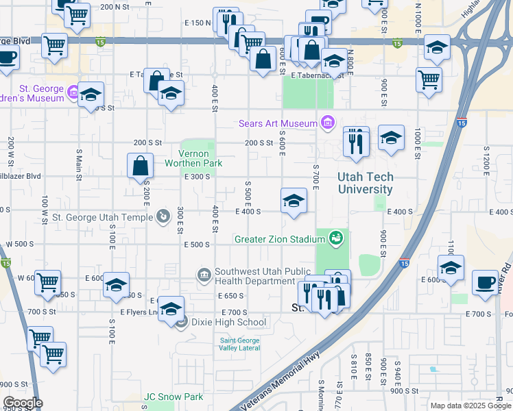 map of restaurants, bars, coffee shops, grocery stores, and more near 519 East 400 South in St. George