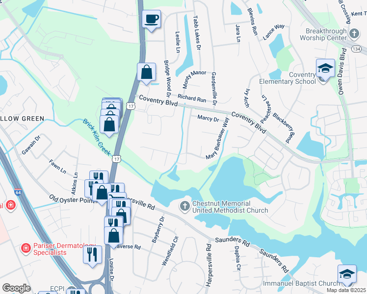 map of restaurants, bars, coffee shops, grocery stores, and more near 218 Kings Pointe Crossing in Yorktown