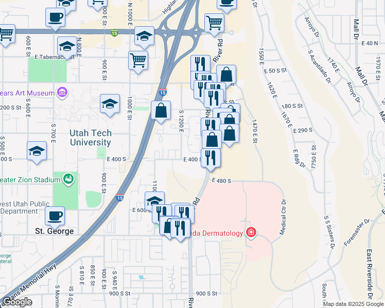 map of restaurants, bars, coffee shops, grocery stores, and more near 301 South 1200 East in St. George
