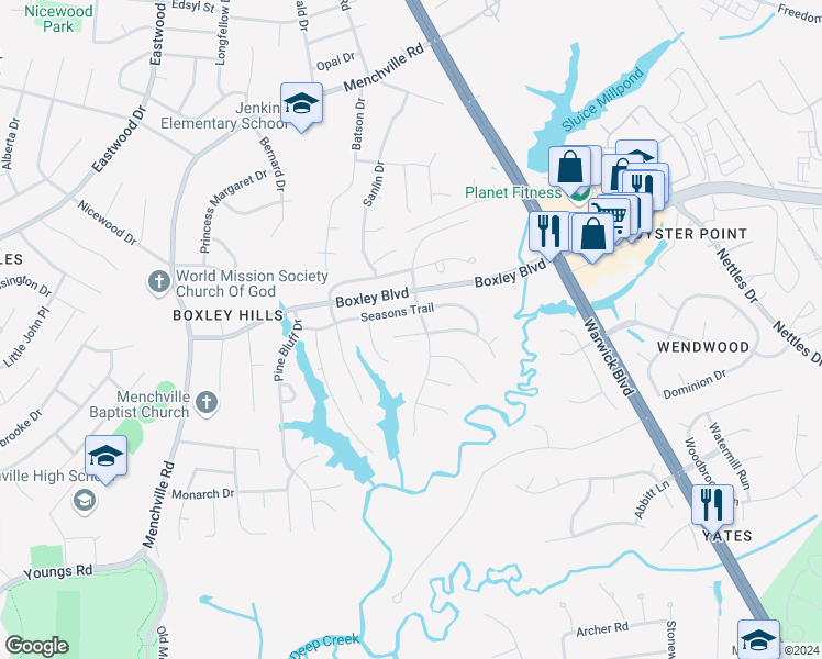 map of restaurants, bars, coffee shops, grocery stores, and more near 227 Ashridge Lane in Newport News