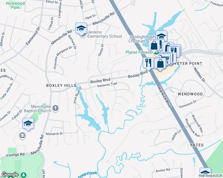 map of restaurants, bars, coffee shops, grocery stores, and more near 220 Ashridge Lane in Newport News