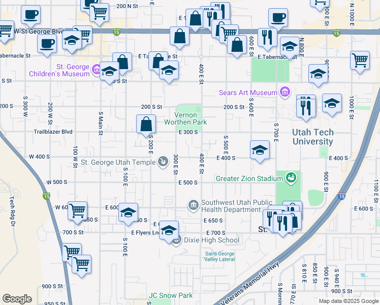 map of restaurants, bars, coffee shops, grocery stores, and more near 410 South 400 East in St. George