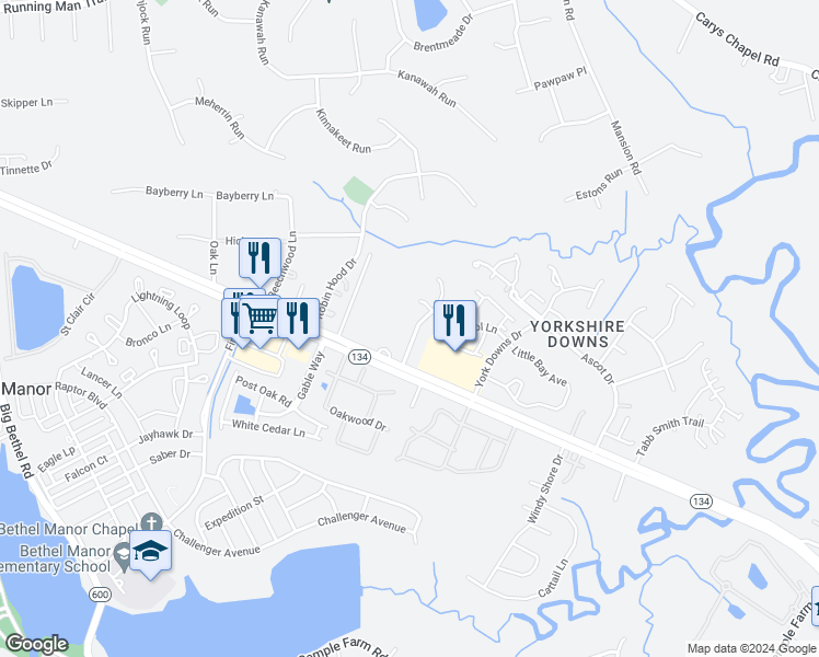 map of restaurants, bars, coffee shops, grocery stores, and more near 113 Sheffield Lane in Yorktown