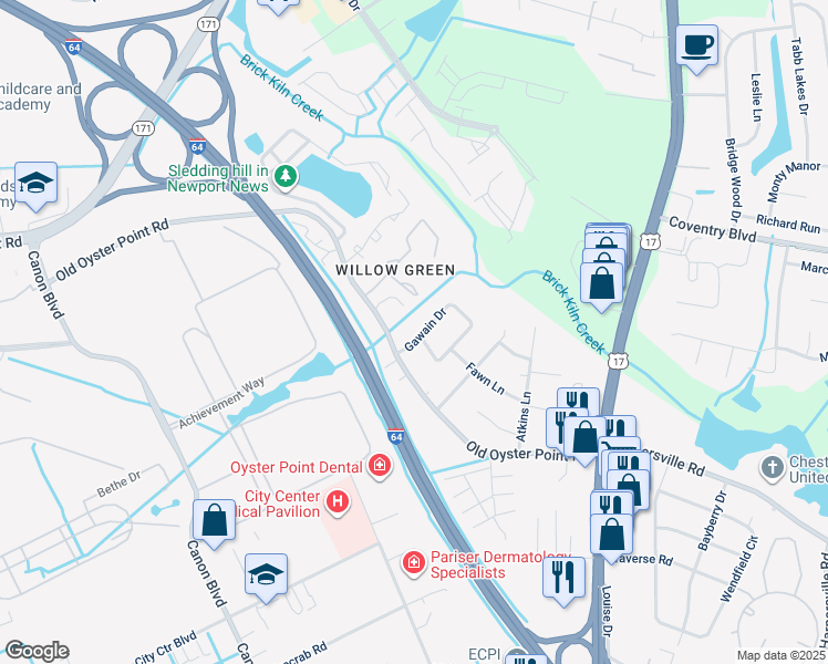 map of restaurants, bars, coffee shops, grocery stores, and more near 113 Gawain Drive in Newport News