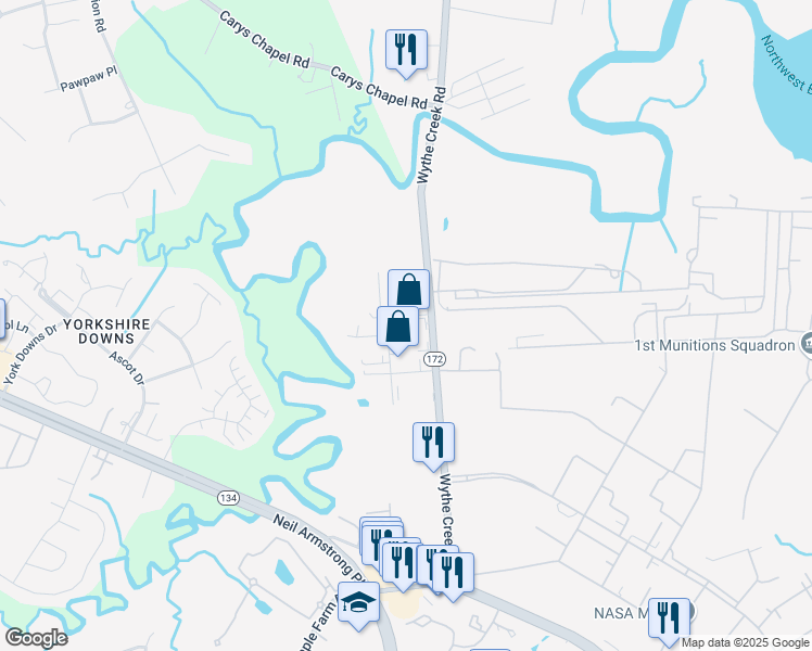 map of restaurants, bars, coffee shops, grocery stores, and more near 63 Wythe Creek Road in Hampton